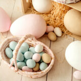 Easter basket filled with pastel coloured eggs